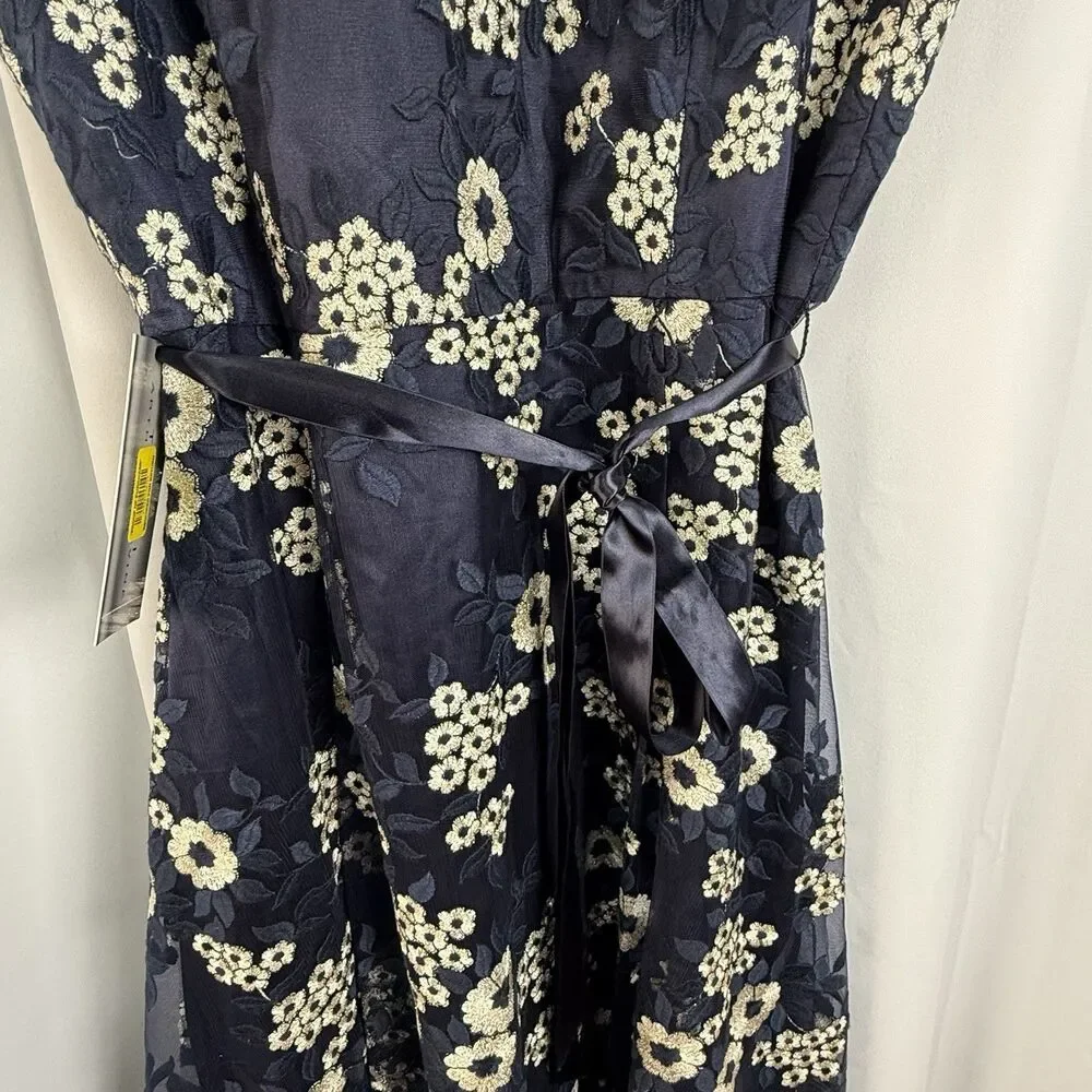 Tahari ASL Embroidered Midi Fit & Flare Dress Navy & Tan Lace Overlay Sz 10 New - Picture 3 of 9
